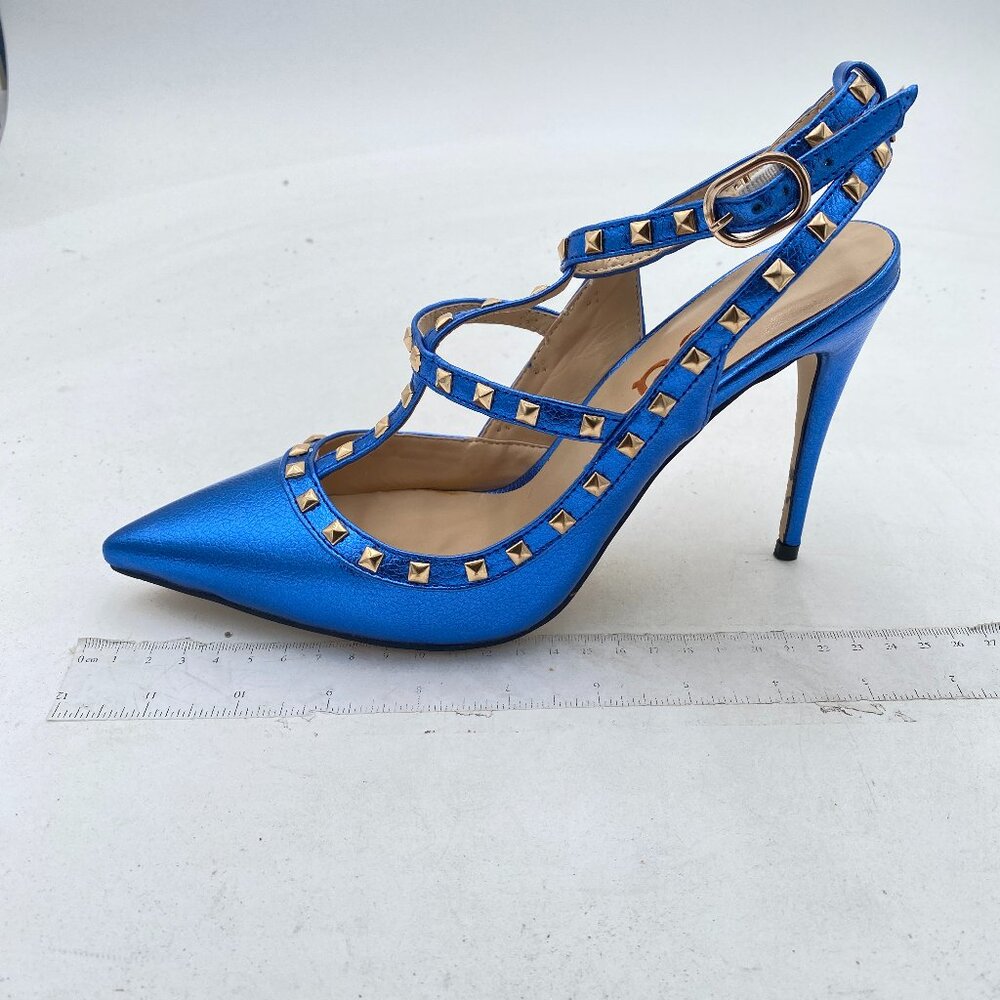 FSJ Metallic Blue Strappy Heels with Gold Accents